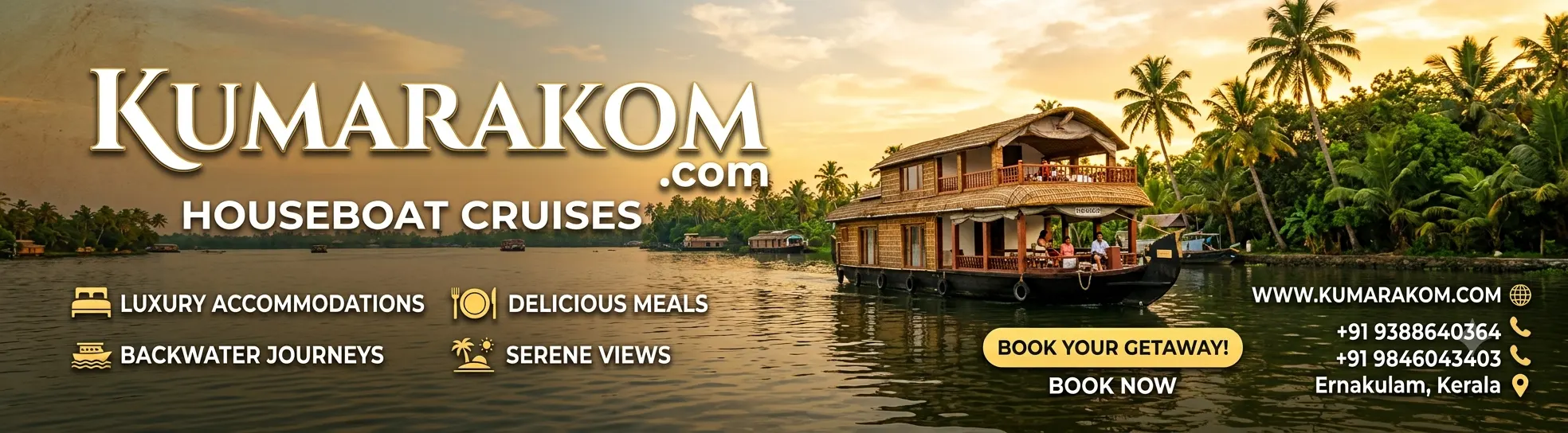 Kumarakom.com travel banner featuring luxury houseboats on Kerala backwaters at sunset with a coastal lighthouse, promoting Kerala tour packages.