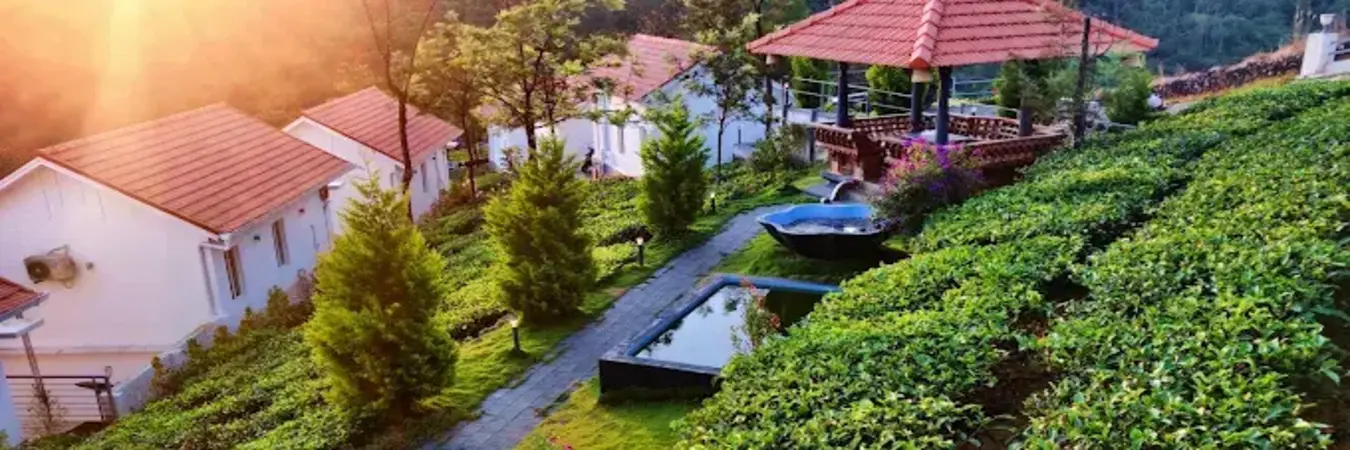 Premium luxury cottages at Heaven Valley Resorts Vagamon nestled alongside lush green tea estate plantations.
