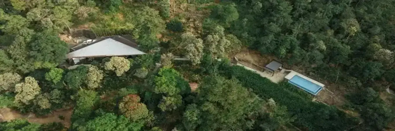 Aerial view of Ela Luxury Stay resort building nestled amidst lush green forest and hills in Vagamon