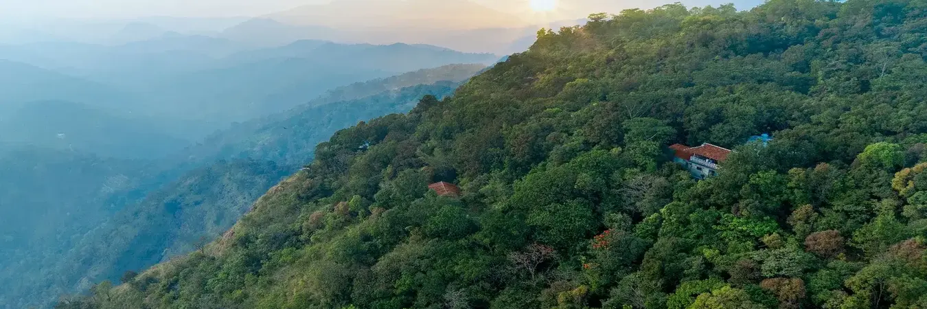 Scenic panoramic view of mist-covered green mountains and lush valley at Ghats Edge in Vagamon
