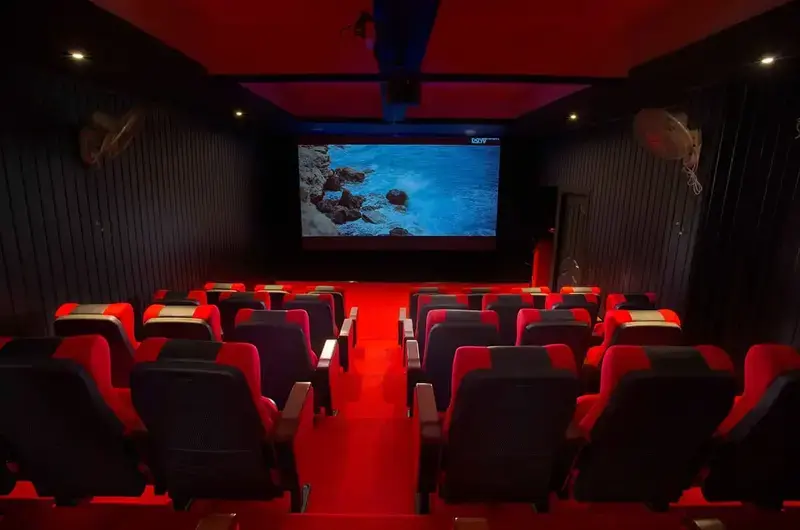 Private indoor theater room featuring plush red seats and large projection screen at Foggy Knolls Resort