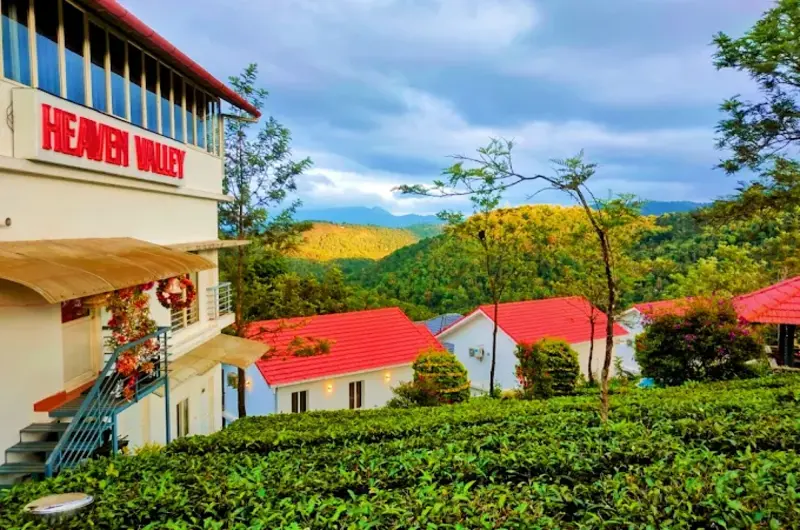 Exterior view of Heaven Valley Resorts Vagamon with a tea plantation in the foreground under a cloudy sky.