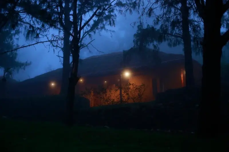 Cozy mud cottages illuminated with warm ambient lights amidst misty pine trees at night at SAJ Vagamon Hideout