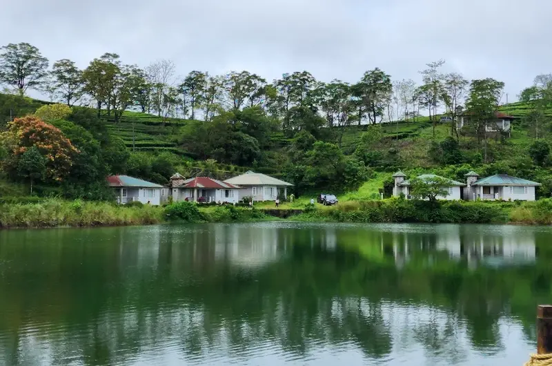 Scenic view of a natural pond surrounded by tea gardens and green hills at Orion County Vagamon
