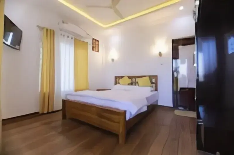 Modern deluxe guest room featuring a king-size bed, ambient tray ceiling lighting, and wooden flooring