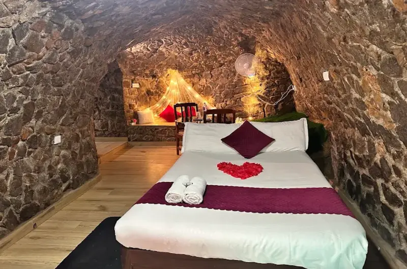 Decorated honeymoon suite bedroom with towel swan art, red rose petals, and warm ambient lighting