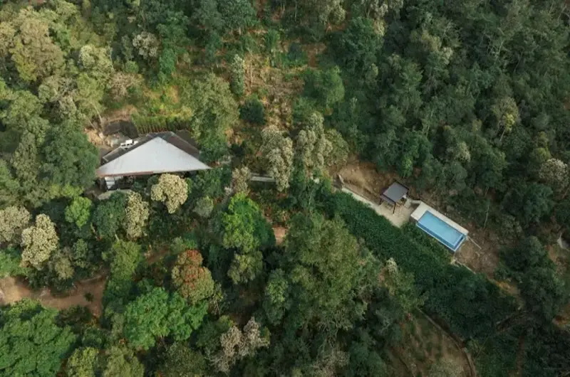 Aerial view of Ela Luxury Stay resort building surrounded by forest and outdoor swimming pool