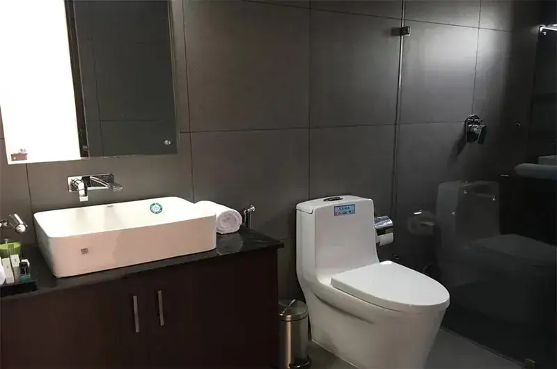 Modern tiled attached bathroom interior with counter sink and premium fixtures at Beyond Pines Vagamon