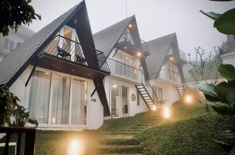 Exterior lighting on A-frame cottage walkways at Trip Mount Vagamon