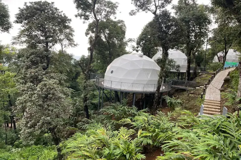 Exterior view of geodesic glamping dome stay with stone pathway at Willmount Geodesic Domes Vagamon