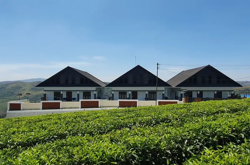 Modern resort cottages surrounded by lush tea plantations in Vagamon