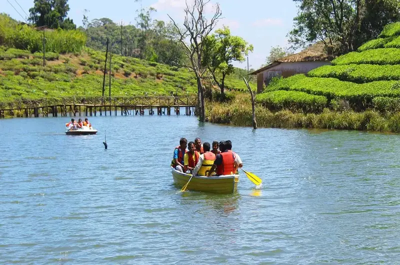 Pedal boating on scenic lake surrounded by tea gardens in Vagamon