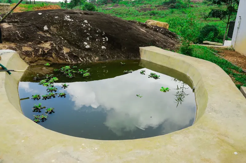 Outdoor stone water pond feature on Rock View Resort property