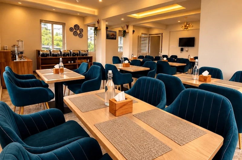 Interior dining hall with wooden tables, blue cushioned chairs, and warm decorative ceiling lights