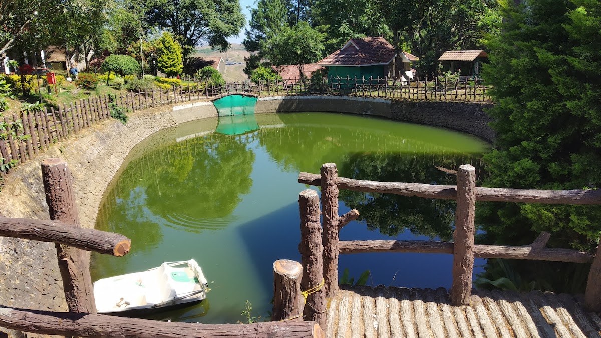 Serene resort pond surrounded by lush green trees and stone landscaping at Adrak Summer Sand Hill Resort Vagamon