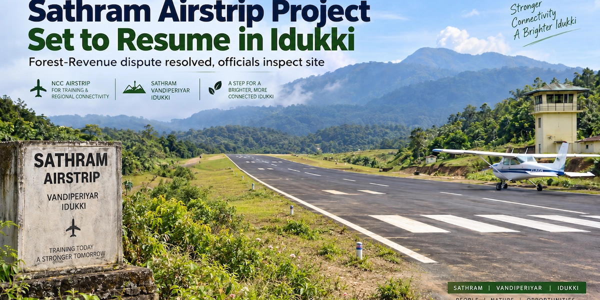 Sathram Airstrip project site near Vandiperiyar with runway, watchtower, and surrounding mountains in Idukki