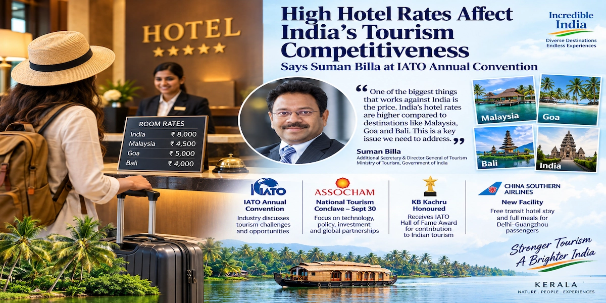 Infographic illustration showing high hotel rates impacting India tourism competitiveness at IATO convention