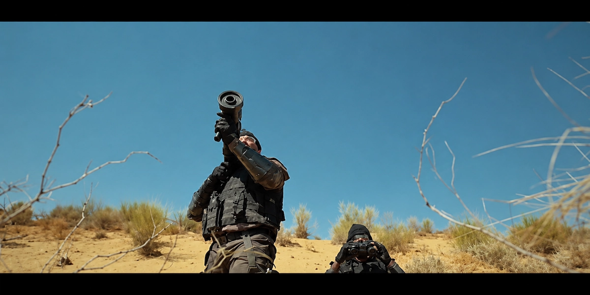 Actor filming an intense thriller movie scene in desert landscape for Priyadarshan film Haiwaan