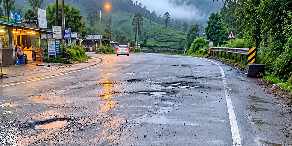 Asphalt road running through scenic green rolling hills and mountains in Vagamon
