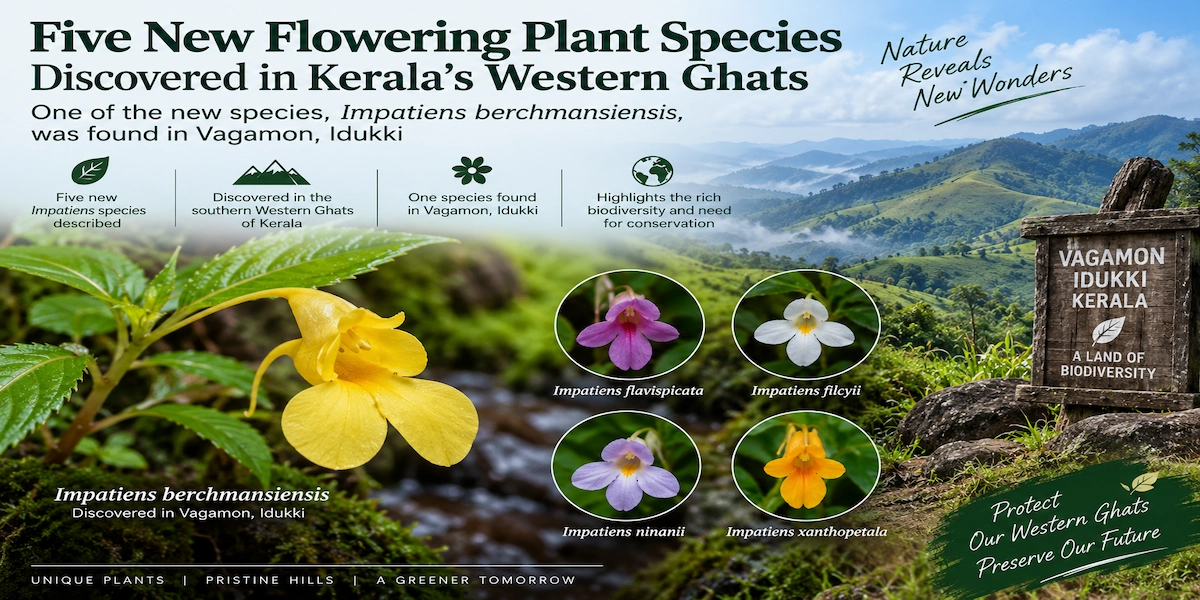 Yellow flowers of Impatiens berchmansiensis discovered on the highland slopes of Vagamon, Kerala Western Ghats