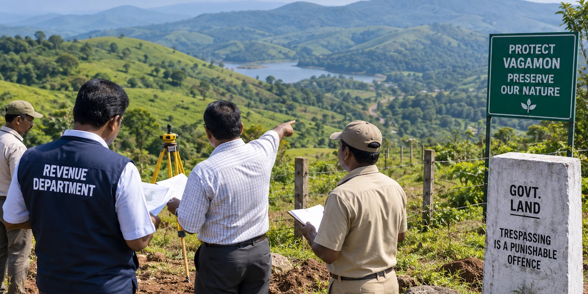 Revenue Department officials inspecting government land and notice board in Vagamon