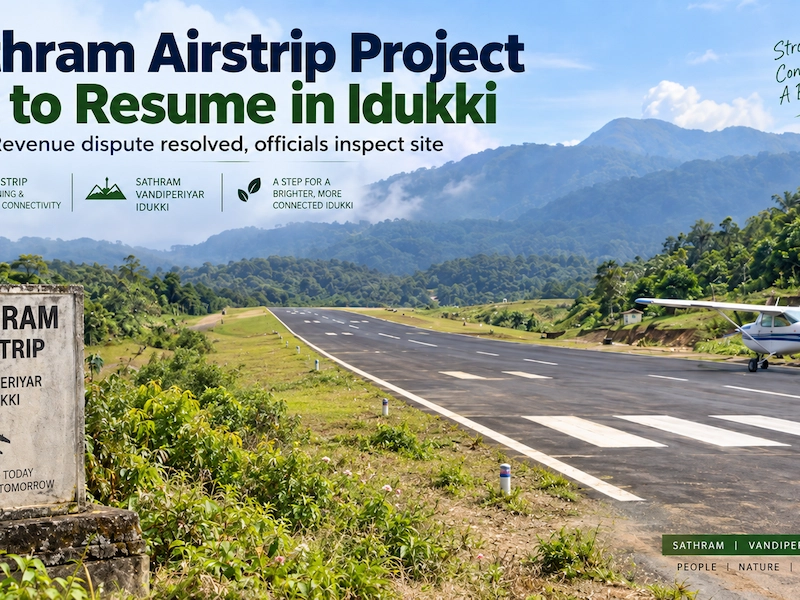 Sathram Airstrip facility featuring runway structure nestled amidst scenic green hills in Idukki