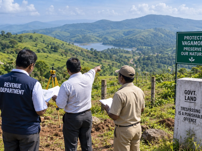 Revenue Department officials conducting field inspection of hill slopes in Vagamon
