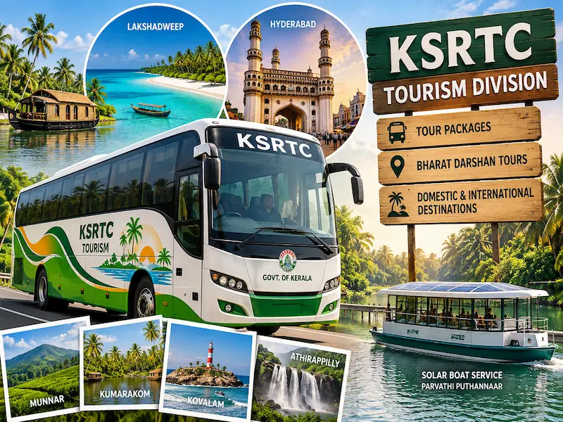 A fleet of KSRTC buses and a solar passenger boat showcasing new budget tourism packages