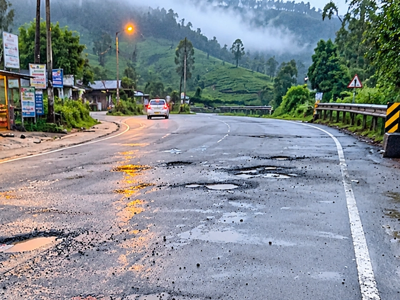 Automobile driving along a wet asphalt road through misty hills in Vagamon