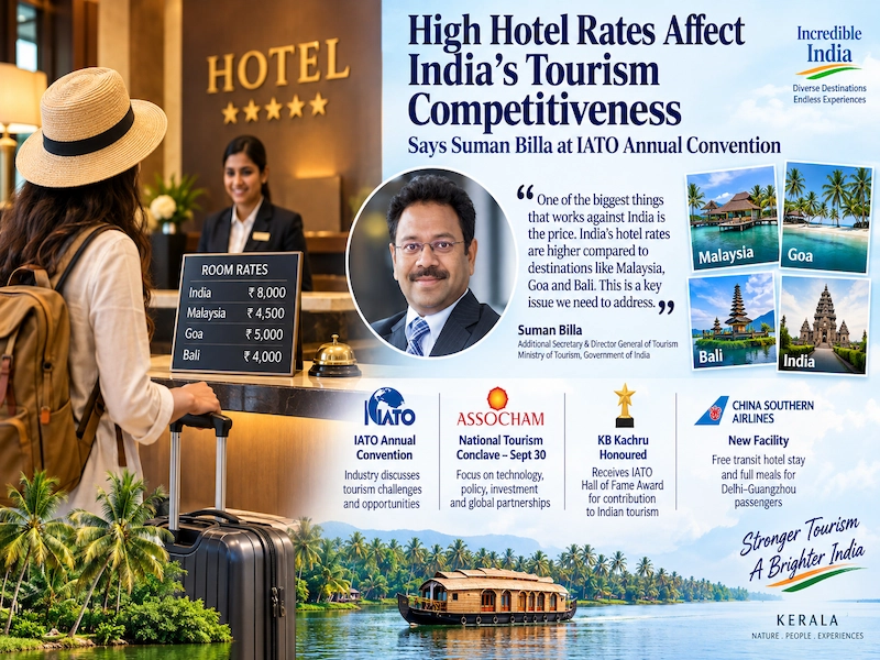 Graphic presentation summarizing Suman Billa remarks on Indian hotel pricing and tourism competitiveness