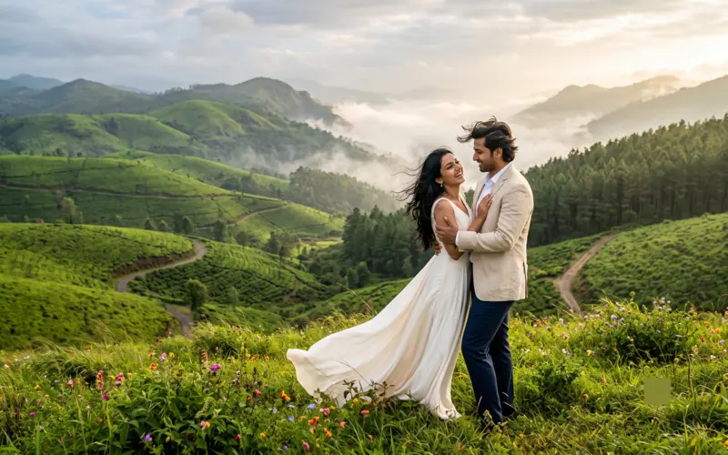 Honeymoon couple in wedding attire standing on scenic green hilltop in Vagamon Kerala