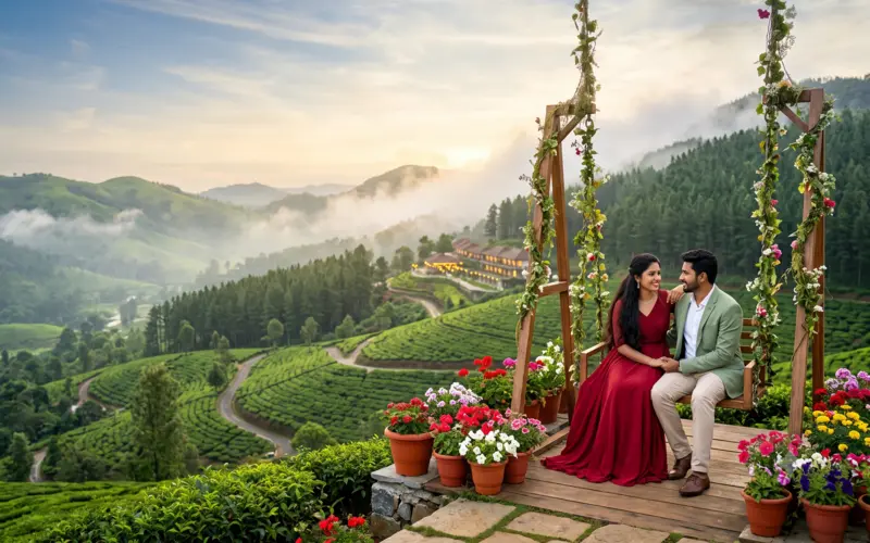 Honeymoon couple sitting together on a green hill overlooking tea plantations in Vagamon Kerala