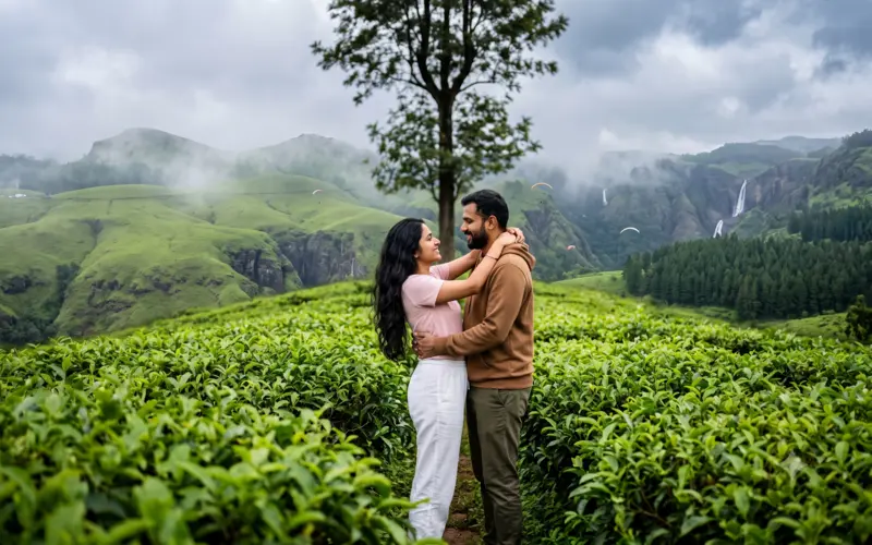 Romantic couple posing together in Vagamon tea gardens