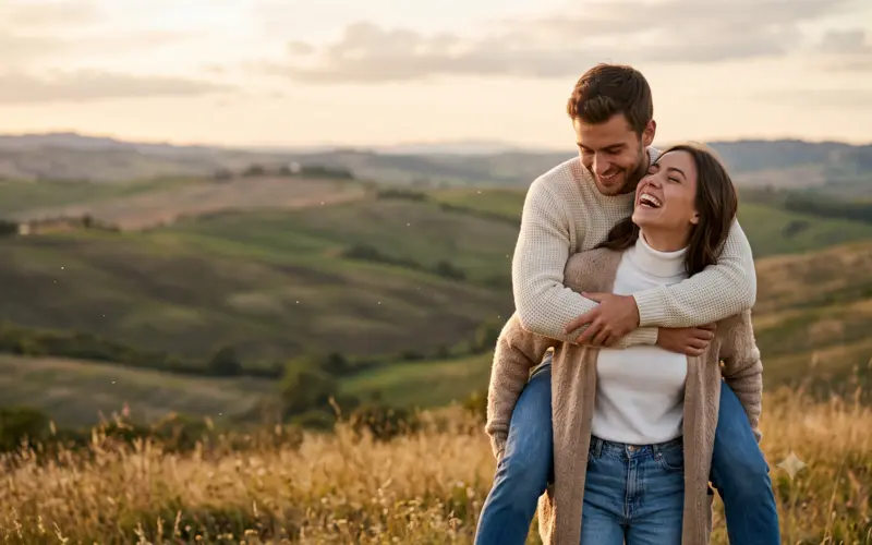 Honeymoon couple having fun in tea plantation hills in Vagamon Kerala