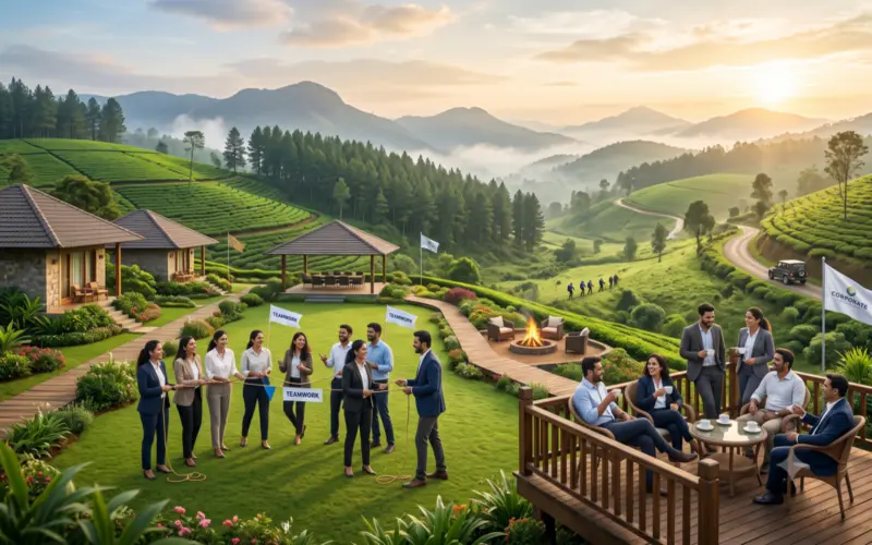 Panoramic view of mist-covered green hills and tea gardens in Vagamon for corporate MICE tours