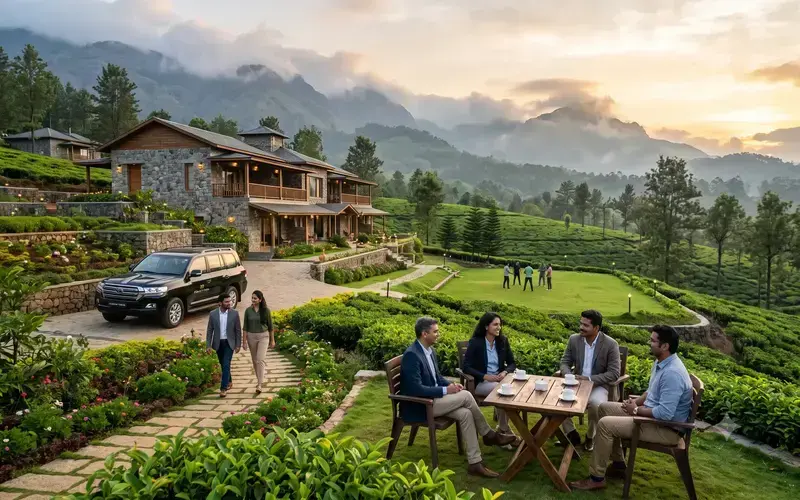 Panoramic view of mist-covered hill slopes and tea gardens in Vagamon for corporate wellness tours