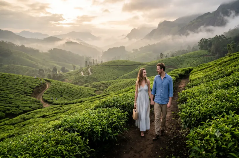 Honeymoon couple walking together through scenic tea plantation hills in Vagamon Kerala