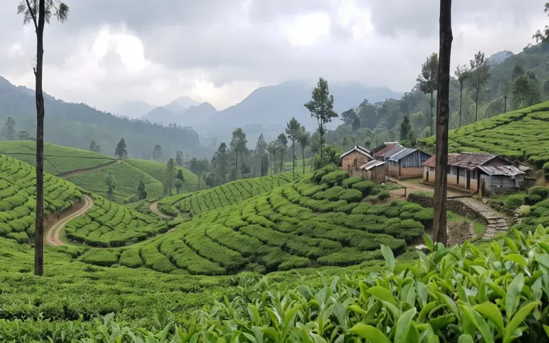 Lush green tea estate plantation hillside in Vagamon Kerala